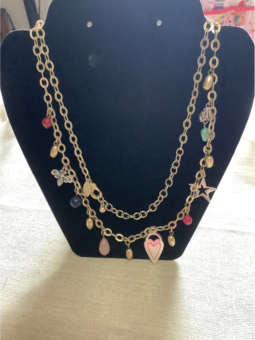 Chico’s Gold Tone Charm Necklace Heart Bee Star Ladybug Multicolor Beads Long